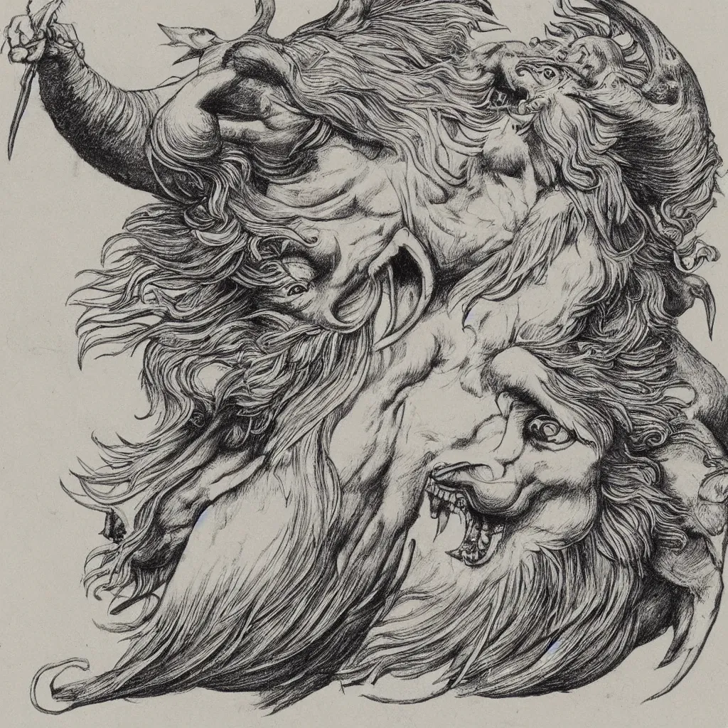 Image similar to human / eagle / lion / ox hybrid with two horns, one beak, mane and human body. drawn by da vinci