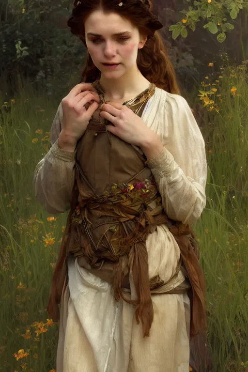 Image similar to beautiful cottagecore young peasant maiden, innocent, intricate, elegant, highly detailed, digital painting, artstation, concept art, smooth, sharp focus, illustration, art by artgerm and greg rutkowski and alphonse mucha