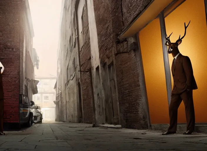 Image similar to a very high resolution image from a new movie, two deer wearing suits, in a narrow chinese alley, dark light long shadow beatiful backgrounds, dramatic lighting, directed by wes anderson