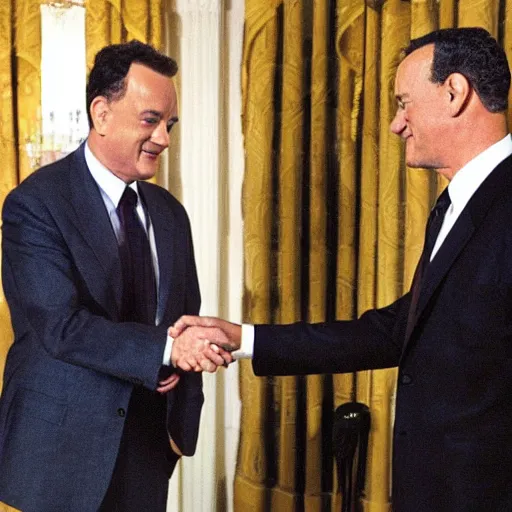 Prompt: Tom Hanks shakes hands with Osama Bin Laden at the White House