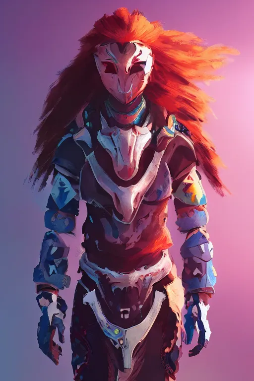 Image similar to combination suit armor aloy horizon forbidden west horizon zero dawn radiating a glowing aura global illumination ray tracing hdr fanart arstation by ian pesty and alena aenami artworks in 4 k tribal robot ninja mask helmet backpack