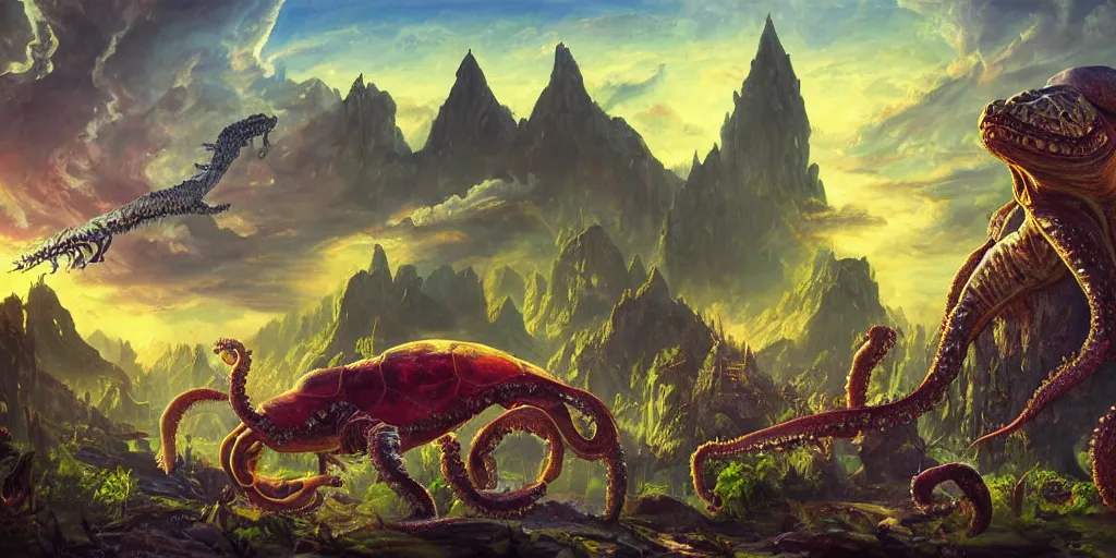 Image similar to fantasy oil painting, great leviathan, cybernetic turtle cephalopod terrapin reptilian pachyderm squid, bella hadid, hybrid, milla jovovich, anubis, epic natural light, lush plants flowers, spectacular mountains, bright clouds, luminous sky, outer worlds, golden hour, michael cheval, edward hopper, michael whelan, vray, hd