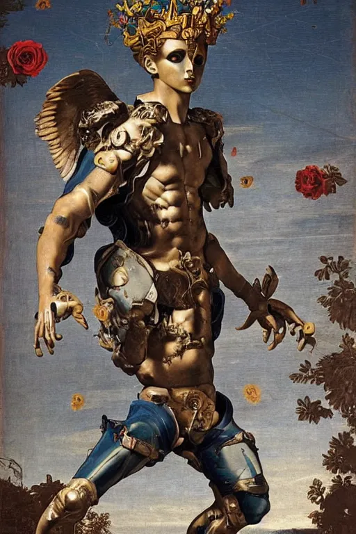 Image similar to a young handsome Spanish metal android with a large glowing battery in the center of his chest in a full-body bronze cyberpunk style statue of Icarus with glowing blue eyes, crown of peach roses, flowing teal-colored silk, fabric, flowers. baroque elements, human skull. full-length view. baroque element. intricate artwork by caravaggio. many many birds birds on background. Trending on artstation, octane render, cinematic lighting from the right, hyper realism, octane render, 8k, depth of field, 3D