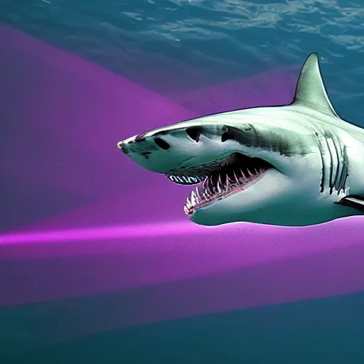 Image similar to a great white shark with purple lasers projecting out of its eyes. highly detailed, 4 k