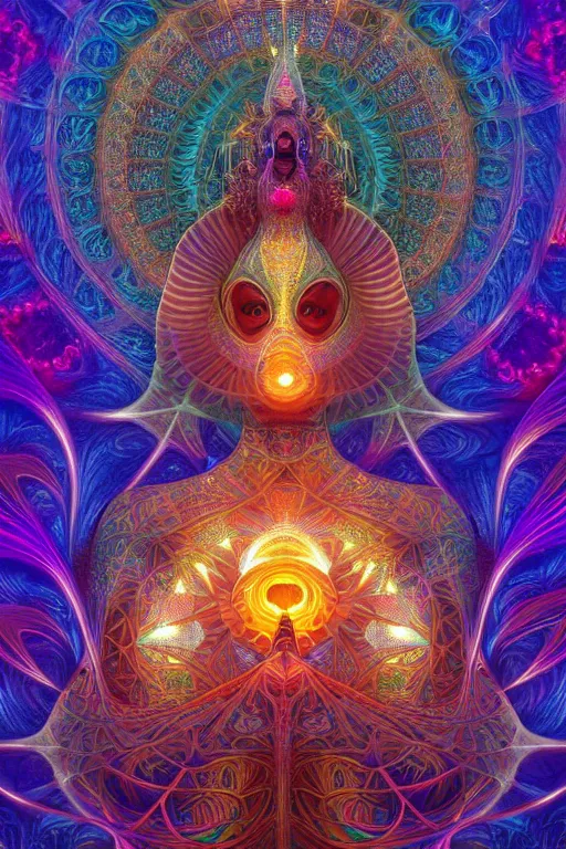 Image similar to a centered render of an alluring goddess wearing a psychedelic bio - mech mask is surrounded by a glorious sacred energy made from geometry and spiral mandel bulb fractals in a magnificent cathedral, powerful, cinematic, beautifully lit, by android jones, by amanda sage, by karol bak, 3 d, trending on artstation, octane render, 8 k