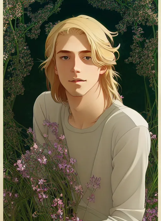 Prompt: pretty young man with shoulder length blond hair, male, half body shot, path traced, highly detailed, high quality, digital painting, by studio ghibli and alphonse mucha, leesha hannigan, hidari, art nouveau, chiho aoshima