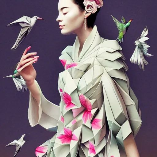 Prompt: 3 / 4 view of a beautiful girl wearing an origami!!! dress, eye - level medium shot, fine floral ornaments in cloth and hair, hummingbirds, elegant, by eiko ishioka, givenchy, by peter mohrbacher, serene, centered, fresh colors, origami, fashion, fine detailed illustration, vogue, japanese, reallusion character creator