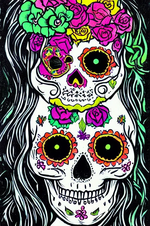 Image similar to illustration of a sugar skull day of the dead girl, art by victor moscoso