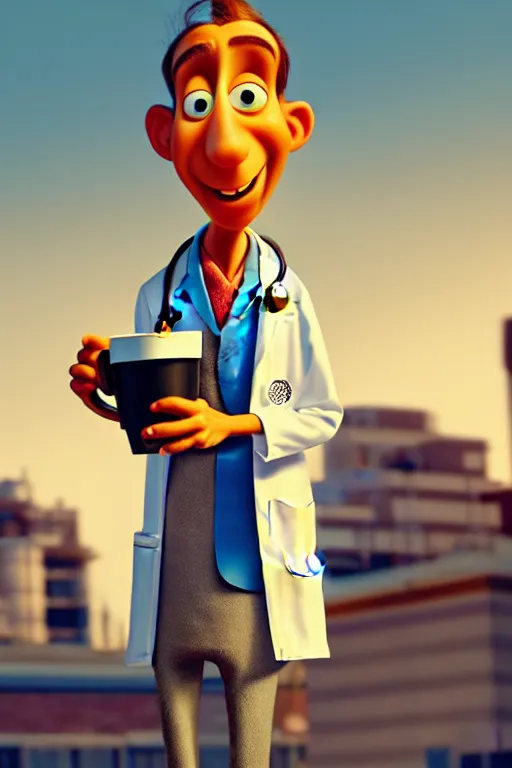 Prompt: portrait of the crazy doctor holding a cup of coffee, hospital in background, full body. pixar disney 4 k 3 d render funny animation movie oscar winning trending on artstation and behance. ratatouille style.