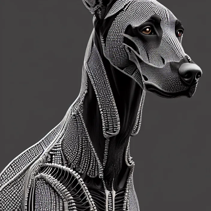 Image similar to portrait of Doberman as skeleton. intricate abstract. intricate artwork. by Tooth Wu, wlop, beeple, dan mumford. octane render, trending on artstation, greg rutkowski, very coherent symmetrical artwork. cinematic, hyper realism, high detail, octane render, 8k, iridescent accents, deep blacks