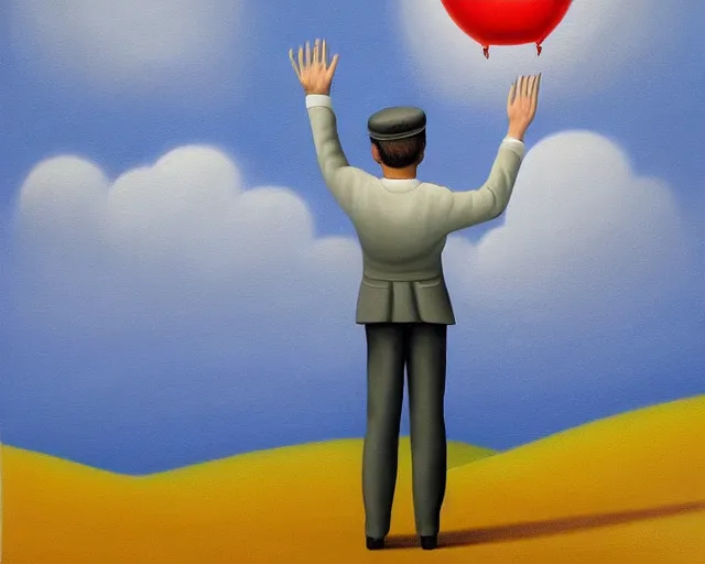 Image similar to a painting of a person waving hello, an ultrafine detailed painting by rafal olbinski, behance contest winner, pop surrealism, detailed painting, very detailed, minimalist, skeuomorphic, airbrush art