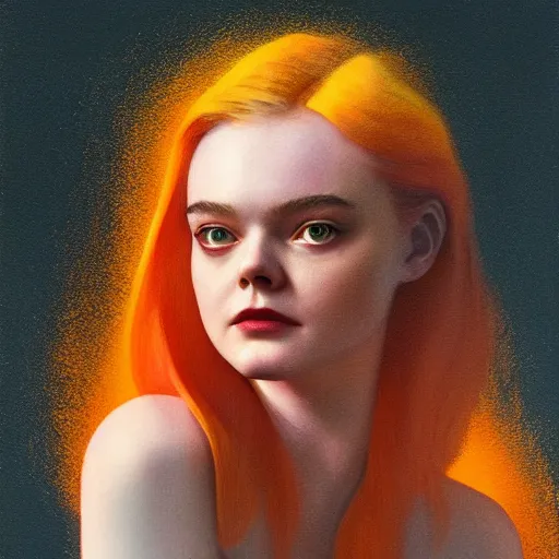 Image similar to Elle Fanning surrounded by orange napalm flames in the style of Paola Vetri, head and shoulders portrait, stormy weather, extremely detailed masterpiece, oil on canvas, low-key neon lighting, artstation, Blade Runner 2049, Roger Deakin’s cinematography, by J. C. Leyendecker and Peter Paul Rubens and Edward Hopper and Michael Sowa,