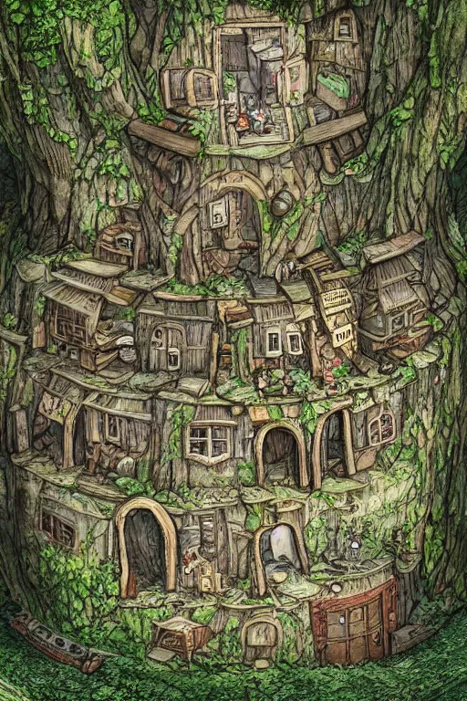 Prompt: a miniature city built into the trunk of a single colossal tree in the forest, with tiny people, in the style of anton pieck, lit windows, close - up, low angle, wide angle, awe - inspiring, highly detailed digital art