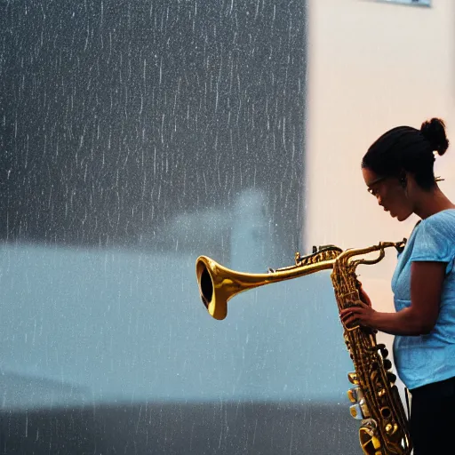 Image similar to a woman playing the saxophone on the roof of a building while it's raining, paint, golden hour