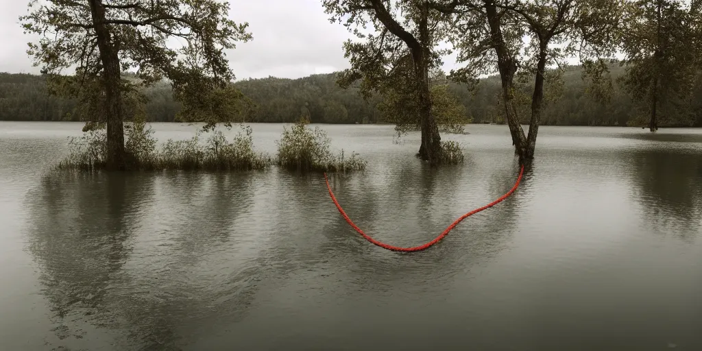 Image similar to symmetrical color photograph of an infinitely long rope submerged on the surface of the water, the rope is snaking from the foreground towards the center of the lake, a dark lake on a cloudy day, trees in the background, moody scene, anamorphic lens