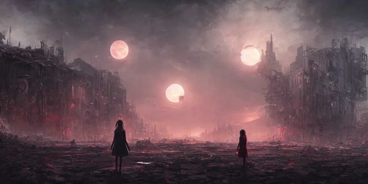 Image similar to a detailed illustration of a lonely girl against the background of a ravaged city and a red moon, artstation, by Frederik Heyman, sophisticated, Unreal engine, dystopia, anti-utopia, post processing, nostalgic melancholic artwork, intricate