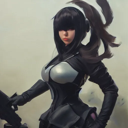 Image similar to greg manchess portrait painting of yorha no. 2 type b as overwatch character, medium shot, asymmetrical, profile picture, organic painting, sunny day, matte painting, bold shapes, hard edges, street art, trending on artstation, by huang guangjian and gil elvgren and sachin teng