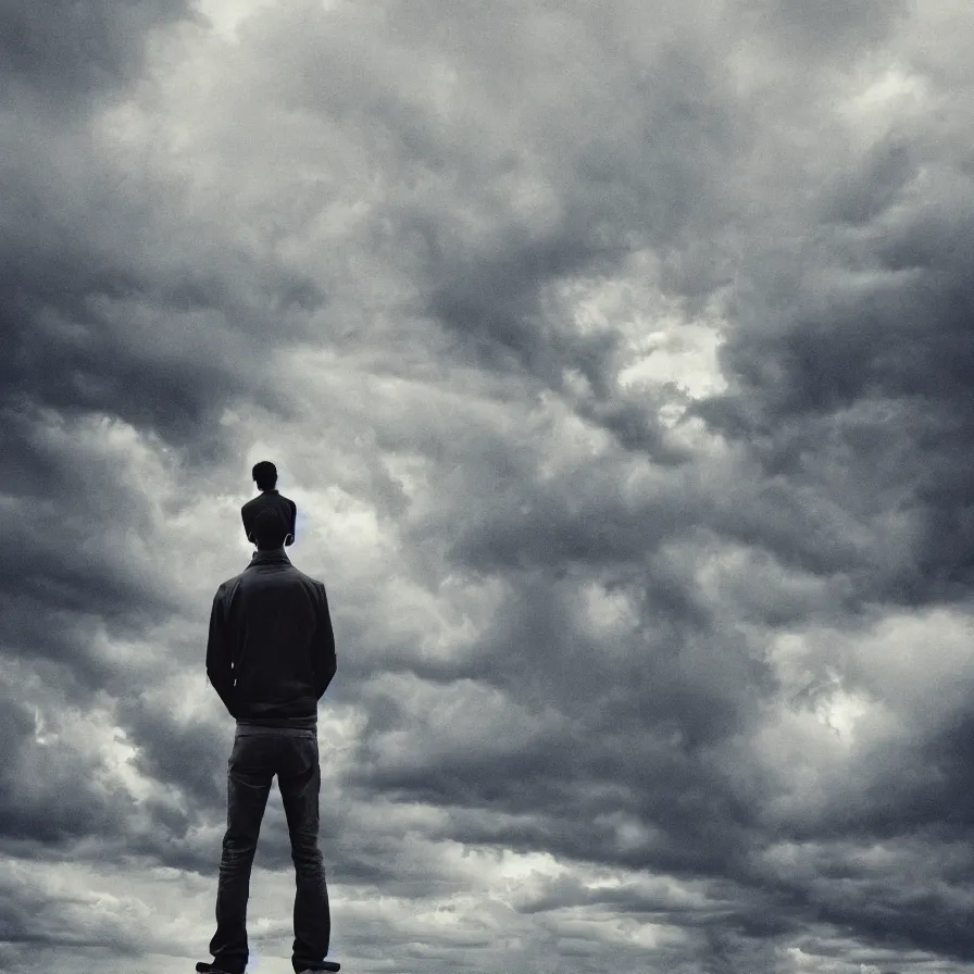 Prompt: Artwork of a man standing in the middle of the street with a stormy clouds floating above his shoulders.