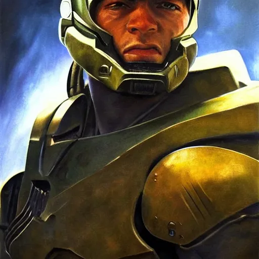 Image similar to ultra realistic portrait painting of ja morant as master chief, art by frank frazetta, 4 k, ultra realistic, highly detailed, epic lighting