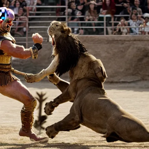 Image similar to joe biden as a gladiator fighting a lion in the coliseum, award winning action photography