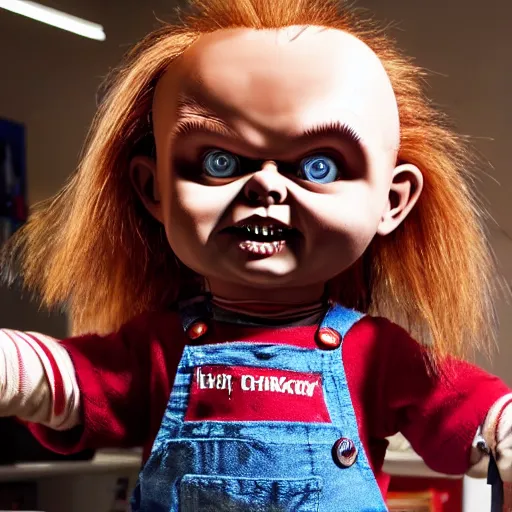 Image similar to chucky the killer doll standing on a work bench table