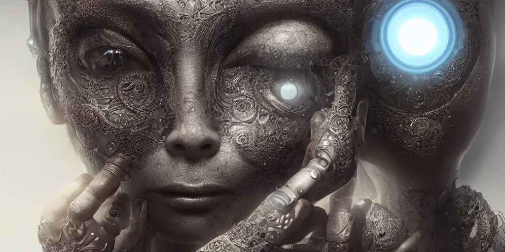 Image similar to ! dream hyperrealistic photography of a female cyborg humanoid, glowing eyes, holding, grasping, highly detailed intricate filigree, in the style of beth cavener, jin kagetsu, wlop,, symmetry, masterpiece, concept art, highkey lighting, ambient lighting, hard key light, octane render, 8 k, artstation