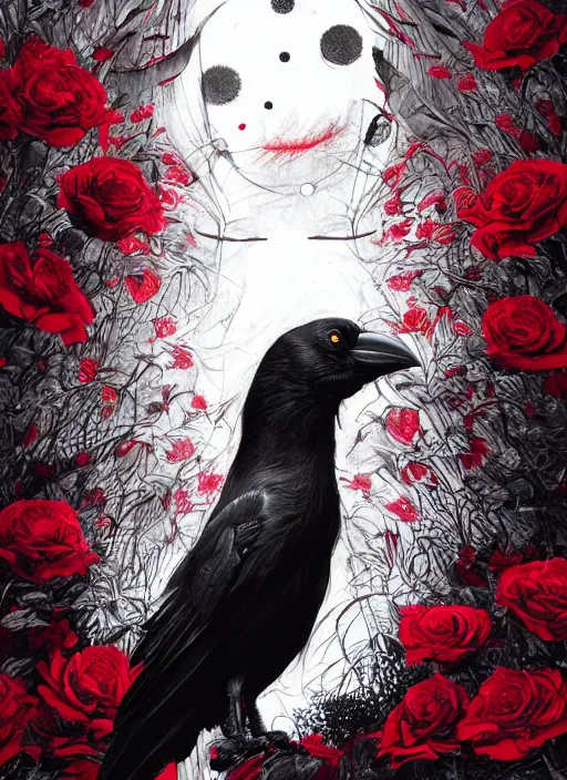 Image similar to portrait, A crow with red eyes in front of the full big moon, book cover, red roses, red white black colors, establishing shot, extremly high detail, foto realistic, cinematic lighting, pen and ink, intricate line drawings, by Yoshitaka Amano, Ruan Jia, Kentaro Miura, Artgerm, post processed, concept art, artstation, matte painting, style by eddie mendoza, raphael lacoste, alex ross