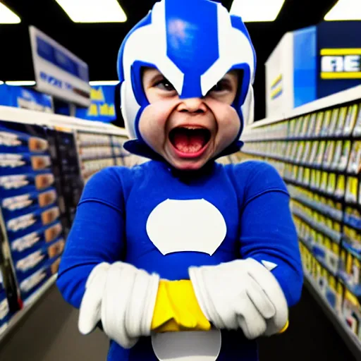 Prompt: uhd photorealisitc candid photo of mega - man at best buy, smashing electronics. correct costume. correct face, accurate face. photo by annie leibowitz and steve mccurry