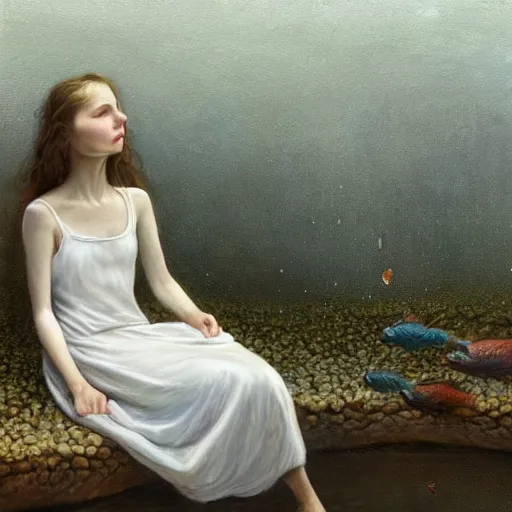 Prompt: oil painting of girl sitting in fish tank drowning alone. she is wearing a white dress and has long brown hair. by aron wiesenfeld.