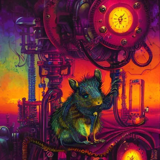 Image similar to steampunk rat, acid, 303, psychedelic, by paul lehr