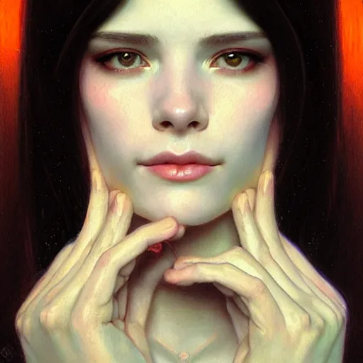 Image similar to portrait of a smiling, beautiful, pale skin female with long black hair, dark brown eyes, elegant clothing, photorealistic, highly detailed, artstation, smooth, sharp focus, neon lighting, sci - fi, art by gustav klimt, artgerm, greg rutkowski and alphonse mucha