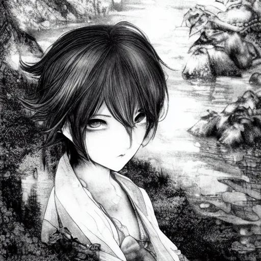 Image similar to a portrait of a character in a scenic environment by Yoshitaka Amano, black and white, dreamy, dark eyes, wavy silver hair, highly detailed