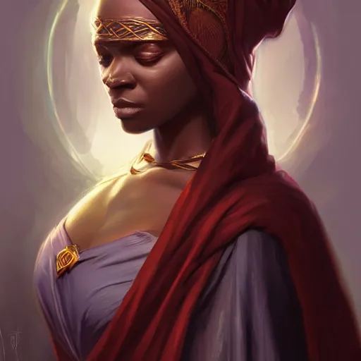 Prompt: clairvoyant sudanese mage, D&D, fantasy, portrait, highly detailed, digital painting, trending on artstation, concept art, sharp focus, illustration, art by artgerm and greg rutkowski and magali villeneuve