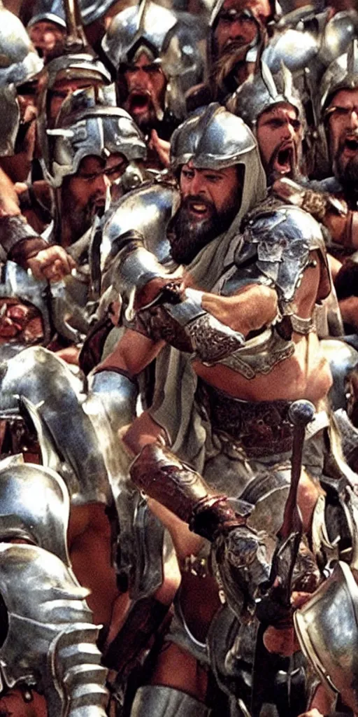 Image similar to Bernie Sanders dressed as Leonidas, with Leonidas beard, leading Spartans into battle, in screenshot from the 300 movie