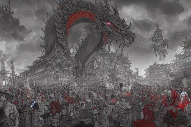 Image similar to lined up crowd are marching toward the chinese palace, big red dragon flying above them, dark atmosphere, light above palace, digital art, trending on artstation