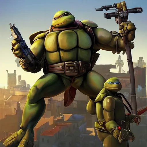 Image similar to greg manchess portrait painting of armored teenage mutant ninja turtles as overwatch character, medium shot, asymmetrical, profile picture, organic painting, sunny day, matte painting, bold shapes, hard edges, street art, trending on artstation, by huang guangjian and gil elvgren and sachin teng