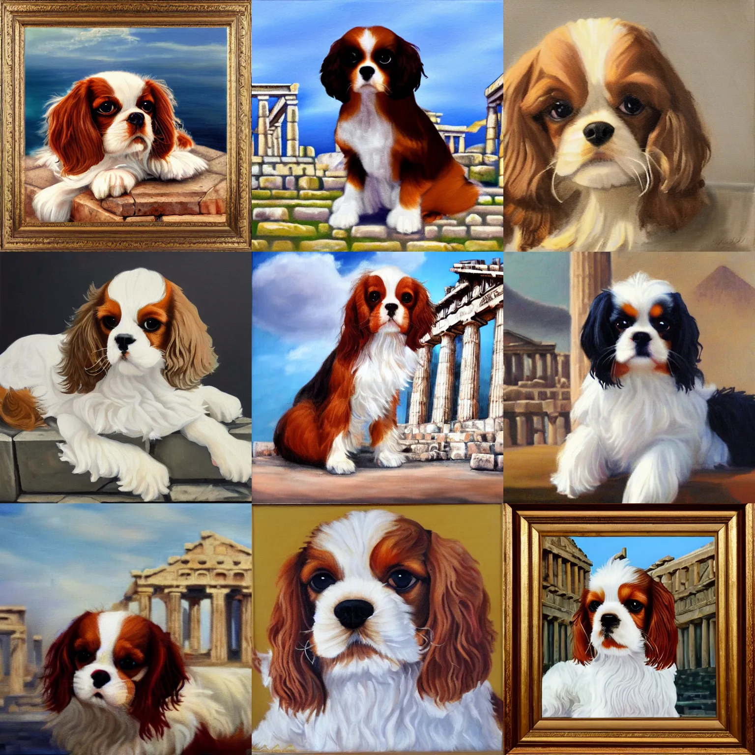 Prompt: fluffy cavalier king charles spaniel, ancient greece, temples, parthenon, oil on canvas