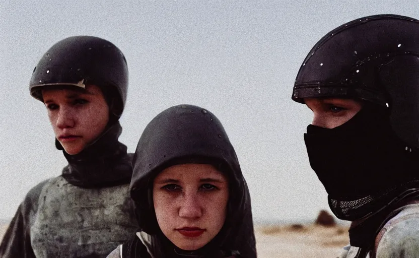 Image similar to cinestill 5 0 d photographic portrait by helen levitt of a white and mixed female android couple wearing rugged black mesh techwear on a desolate plain of america, extreme closeup, modern cyberpunk, dust storm, 8 k, hd, high resolution, 3 5 mm, f / 3 2, ultra realistic faces, intricate detail, ex machina