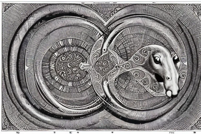 Image similar to an ornate illustration in the styles of mandalas and fractals, the styles of escher and penrose, depicting a weasel staring deep into the heart of the impossible all - and - nothing of the emerging technological singularity ; / what has god wrought? / he seems to be whispering.