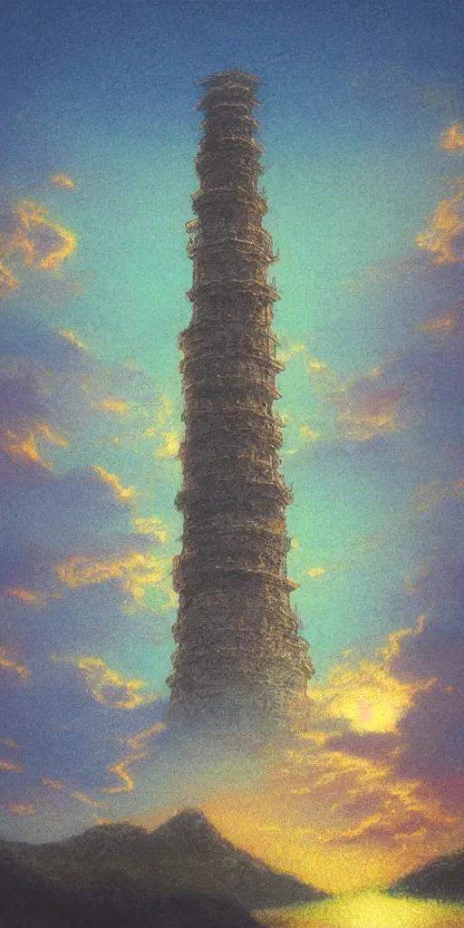 Prompt: “ a landscape pastel in the style of noriyoshi ohrai of an ancient holy tower, it has iridescent mana radiating from it. it is centered. the background is the sky at night. retrofuturistic fantasy ”