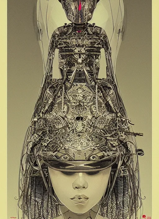 Image similar to 2 d illustration, grained risograph, vintage horror sci - fi portrait of a futuristic silver armored geisha district 9 cyborg, parallax, fractal, intricate, elegant, highly detailed, subsurface scattering, by jheronimus bosch and moebius louis jacques mande daguerre and szukalski
