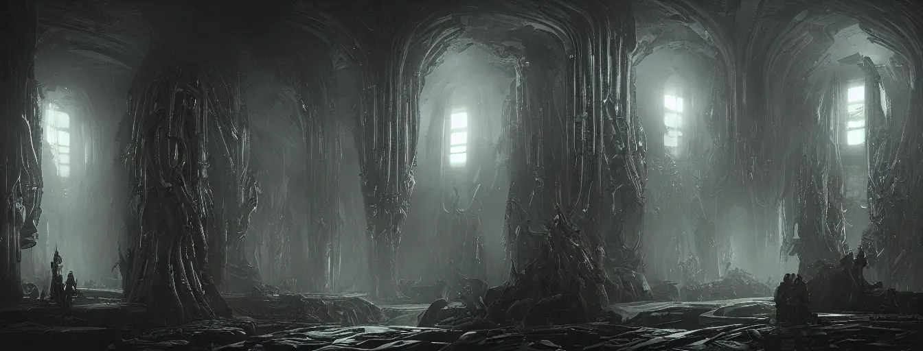 Prompt: scorn themed dark sci - fi biomechanical space ship interior, inside the torture chamber, undead alien guard figures, ethereal, ominous, dramatic cinematic lighting, volumetric 8 k, cryengine, by greg rutkowski, h. r. giger and zdizslaw beksinski, elden ring