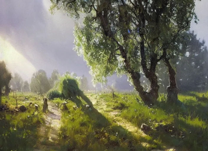 Image similar to oil painting of translucent pears on tree, medieval forest path in dawn by anders zorn, wonderful art by greg rutkowski, incredible lighting, shadows, beautiful cinematic light, american romanticism by greg manchess, tall rocky mountains and storm clouds, sun rays, sunshine, bright sunny summer day, stone walls and wooden fences, meadow