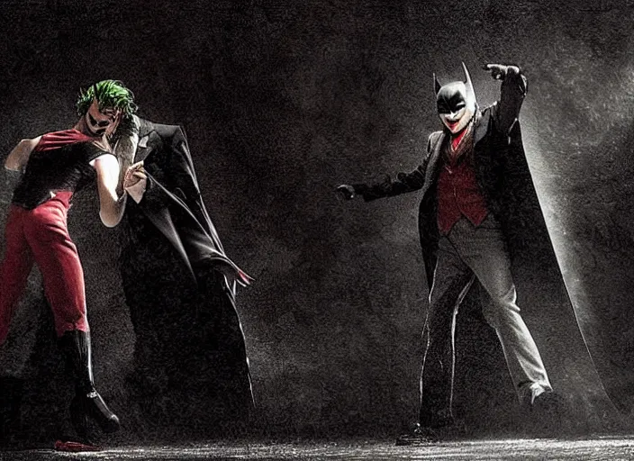 Image similar to Batman and Joker dance together，atmospheric lighting, masterpiece, award winning painting by Emmanuel Lubezki