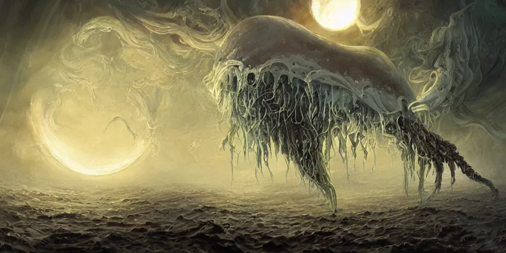Prompt: concept art of giant translucent jellyfishes, lovecraftian, lots of teeth, melting horror, round moon, rich clouds, fighting the horrors of the unknown, high resolution, very detailed, roaring, volumetric light, mist, grim, fine art, decaying, textured oil over canvas, epic fantasy art, very colorful, ornate, anato finnstark