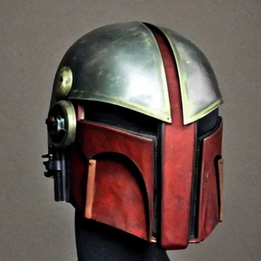 Image similar to a steampunk mandalorian helmet