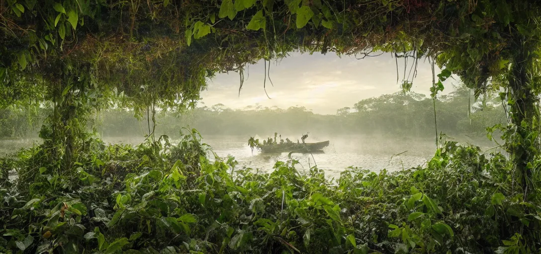 Prompt: A steamboat completely overgrown with vines, flowers, snakes, and exotic vegetation on the Amazon river. Beautiful photo by National Geographic. Photorealistic. Dusk colors. Volumetric lights. Mist. hyper-maximalistic, with high detail, cinematic, 8k resolution, beautiful detail, insanely complex details.
