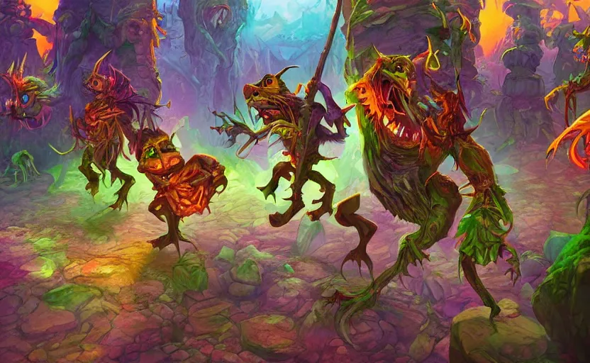 Image similar to goblins dancing in a colorful dungeon, cover art, epic composition, 4K Ultra HD