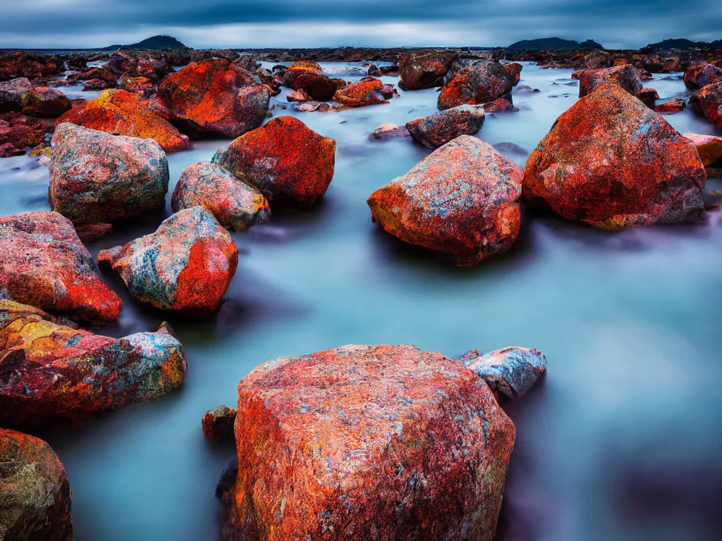 Prompt: a colourful wide-angle long exposure photograph of large rocks in water and cloudy sky, fine art photography