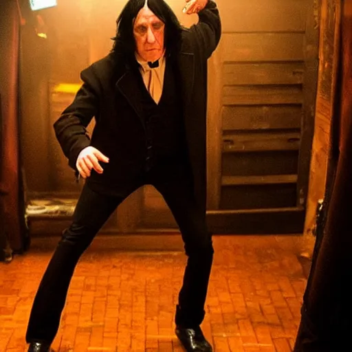 Image similar to Severus Snape dances in a bar, neon, realistic, full body, very detailed, super realistic